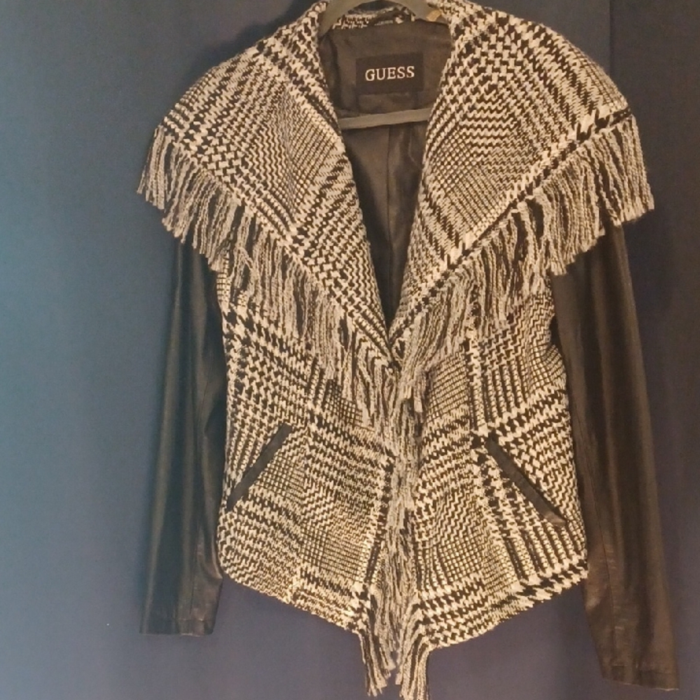 Guess Monochrome Houndstooth Jacket with Fringe